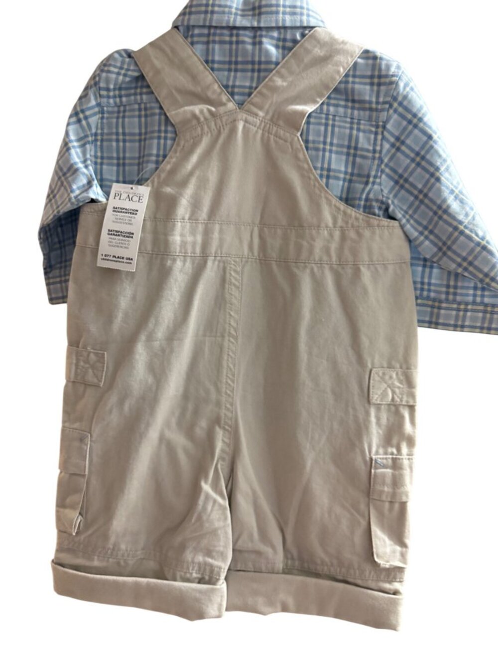 The Childrens Place Baby Boy Overalls Set 0-3M Beige & Blue Plaid - Picture 2 of 5